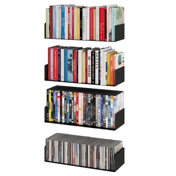 Wallniture Bali Black Floating Shelves for Wall, CD DVD Storage Shelves and Metal Bookshelf Set of 4