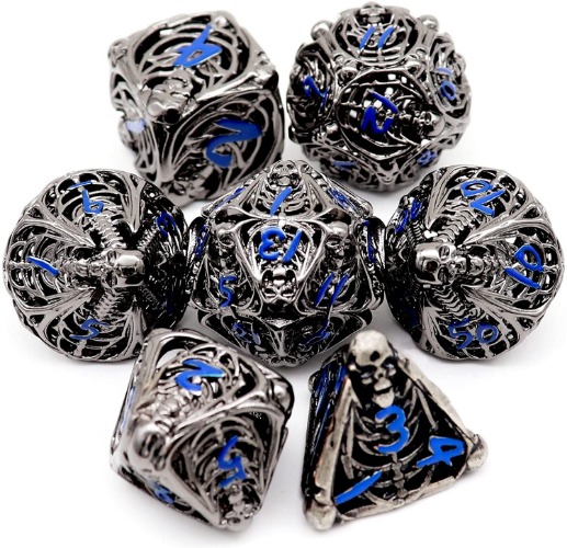Haxtec Skeleton Halloween Hollow Metal Dice Set D&D Polyhedral RPG Dice W/PU Leather Dice Bag for DND Dungeons and Dragons Role Playing Game Gift(Black Blue Numbers) - Skeleton Black Blue Numbers