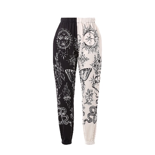 Amuver Women's Boho Hippie Harem Pants High Smocked Waist Printed Patchwork Sweatpants Yoga 90S Goth Baggy Casual Trousers - White Black-1 X-Large