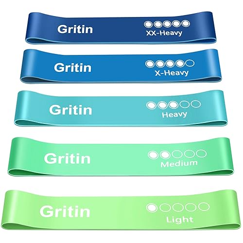 Gritin Resistance Bands, Set of 5 Skin-Friendly Resistance Fitness Exercise Loop Bands with 5 Different Strength Levels - Travel Carrying Case Included - Ideal for Home, Gym, Yoga, Training