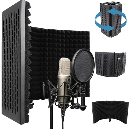 PYLE 3-Panel Microphone Isolation Shield - Noise Absorbing Recording Booth Studio Acoustic Vocal Dampening Filter w/ 1.6"Thick Foam, Adjustable Mic Depth, Removable Shock Mount, Universal ⅝” Threading - 3 panel heavy duty