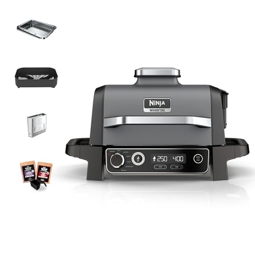 Ninja Woodfire Electric BBQ Grill & Smoker, 7-in-1 Outdoor Barbecue Grill & Air Fryer, Roast, Bake, Dehydrate, Uses Woodfire Pellets, Non-Stick, Portable, Gift for her / him, Grey/Black, OG701UK - Grey/Black - BBQ Grill - Single