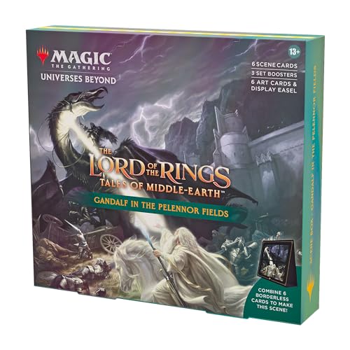 Magic: The Gathering The Lord of the Rings: Tales of Middle-earth Scene Box - Gandalf in Pelennor Fields (6 Scene Cards, 6 Art Cards, 3 Set Boosters + Display Easel) - Scene Box - Gandalf in Pelennor Fields