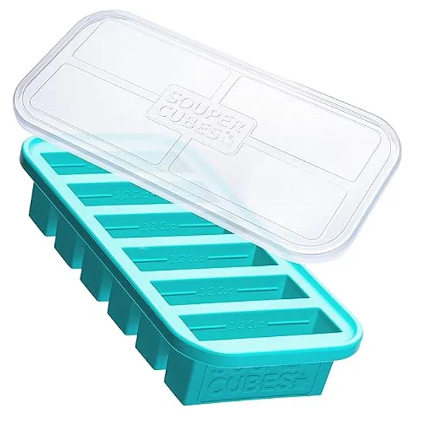 Souper Cubes 1/2 Cup Silicone Freezer Tray With Lid - Easy Meal Prep Container and Kitchen Storage Solution - Silicone Mold for Soup and Food Storage - Aqua – 1-Pack - Aqua - 1-Pack