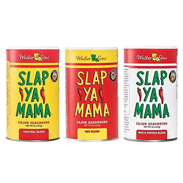 Slap Ya Mama Cajun Seasoning from Louisiana Spice Variety Pack, 8 Ounce Cans, 1 Cajun, 1 Cajun Hot, 1 White Pepper Blend - 3ct Variety Pack: Original, Hot, & White Pepper - 8 Ounce (Pack of 3)