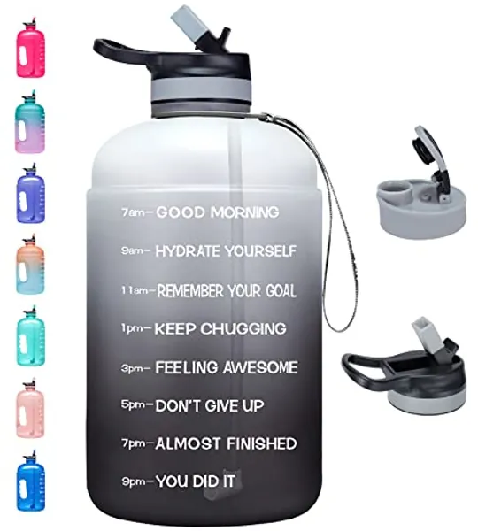 Venture Pal Large 64 oz/Half Gallon Motivational Water Bottle with 2 Lids (Chug and Straw), Leakproof BPA Free Sports Water Jug with Time Marker to Ensure You Drink Enough Water Throughout The Day - A3-White/Gray Gradient