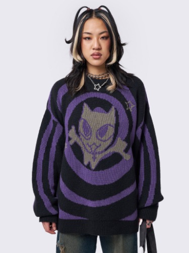 Cyber Kitty Swirl Graphic Knit Sweater | M / Purple