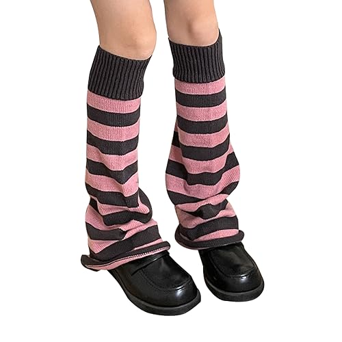 JUENAWMIU Women Girl Flared Leg Warmers Striped Knit Socks Over Knee Wide Leg Warm Knitted Pile Socks Elephant Socks - One Size - Pink