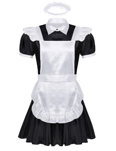 iiniim Mens French Maid Uniform Crossdressing Frilly Satin Flutter Sissy Lingerie Nightwear Role Play Costume - Black Large