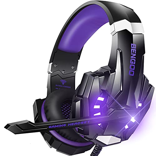 BENGOO G9000 Stereo Gaming Headset for PS4, PC, Xbox One Controller, Noise Cancelling Over Ear Headphones with Mic, LED Light, Bass Surround, Soft Memory Earmuffs (Purple) - Purple