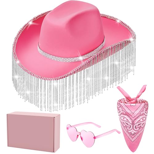 Rhinestone Cowboy Hat Glitter Cowboy Hat with Glasses, Headscarves, Adhesive Rhinestone Letter Patches - Pink - 1