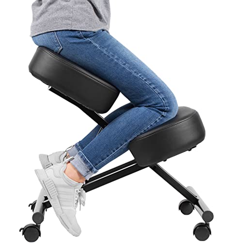 Ergonomic Kneeling Chair, Adjustable Stool for Home and Office - Improve Your Posture with an Angled Seat - Thick Comfortable Moulded Foam Cushions - Brake Casters - Black