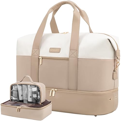 LOVEVOOK Cabin Bag 45x36x20 for Easyjet, Waterproof Travel Bags for Women Hospital Holdall Overnight Duffle Bag with Shoes Compartment & Toiletry Bag, Carry On Bag Hand Luggage for Underseat - 45x36x20 for Easyjet - Beige+khaki