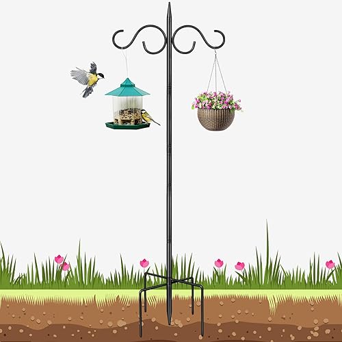 Bird Feeder Poles and Hangers, 2M Heavy Duty Bird Feeding Hanging Station Stand with base, Double Shepherds Crook Hooks FreeStanding for Outdoors Lantern Garden Lights Flower Basket, Black,1 Pack - 195CM