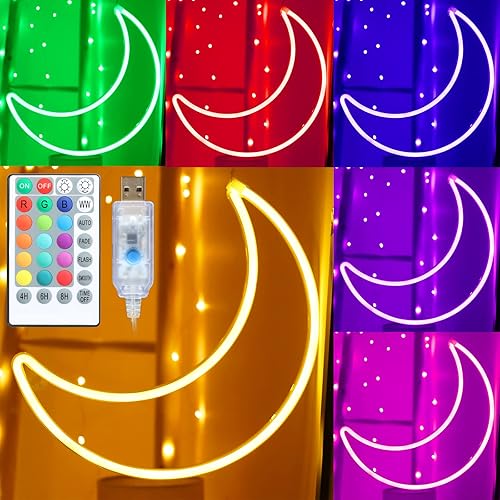 LED RGB Moon Neon Light, Cute 16 Color Change Neon Moon Sign, Room Decor USB Powered 5V Art LED Decorative Lights Night Lights Indoor for Home, Bedroom, Office,Dorm,Party - RGB