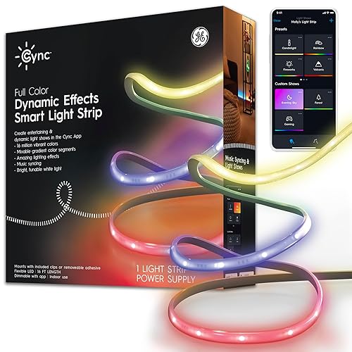 GE CYNC Dynamic Effects Smart LED Light Strip with Music Sync, Room Décor Aesthetic Color Changing Lights, LED Lights for Bedroom and TV, Works with Amazon Alexa and Google, 16 Ft - 16ft with Power Cord