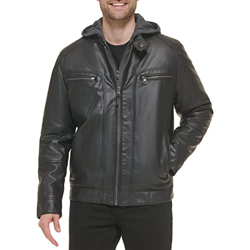 Calvin Klein Men's Faux Lamb Leather Moto Jacket with Removable Hood and Bib - Large - Black