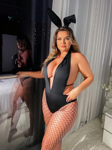 Plus Plunging Neck Animal Costume Teddy Bodysuit & Headband & Stockings