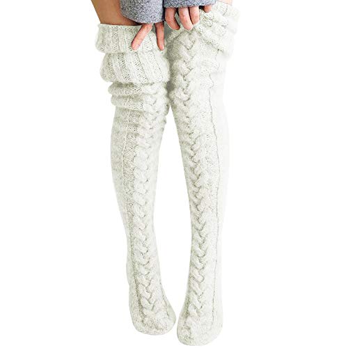 Women's Cable Knit Thigh High Socks Extra Long Winter Stockings Leg Warmers - White2