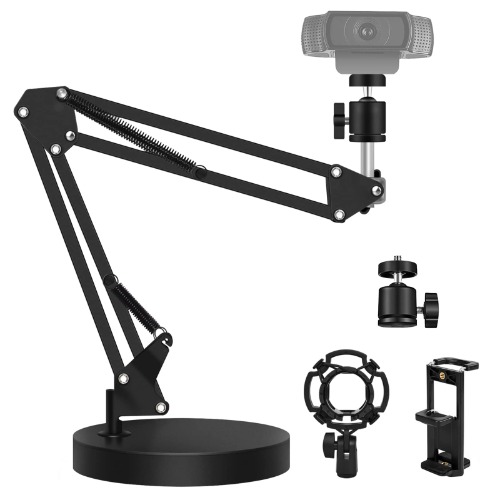 [3-in-1 Multi-Function] Camera Smartphone Microphone Arm Stand with Base for Desktop Camera/Webcam/Ring Light/Phone/Tablet, Compatible with Logitech Webcam C925e C922x C922 C930e C930 C920 C615, GoPro Hero 8/7/6/5, Arlo Ultra/Pro/Pro 2 /Pro 3