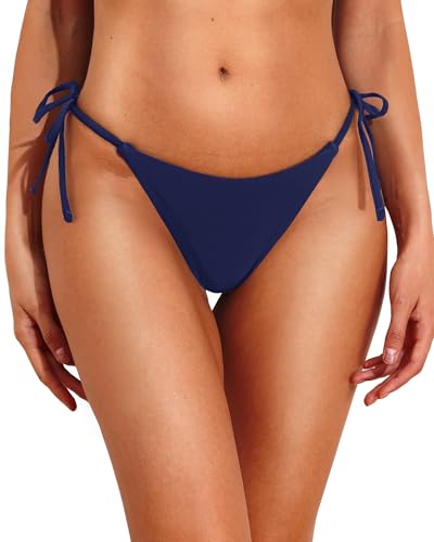 Holipick Women's Thong Bikini Bottom String Sexy Swimsuit Bottoms Tie Side Brazilian Cheeky Bathing Suit Bottom Only - Small - Navy Blue