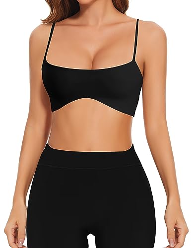 Meladyan Women Sports Bra Scoop Neck Spaghetti Strap Bralette Crop Cami Top Backless Curve Wireless Yoga Workout - Small - Black