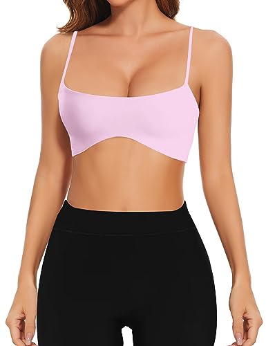 Meladyan Women Sports Bra Scoop Neck Spaghetti Strap Bralette Crop Cami Top Backless Curve Wireless Yoga Workout - Small - Pink