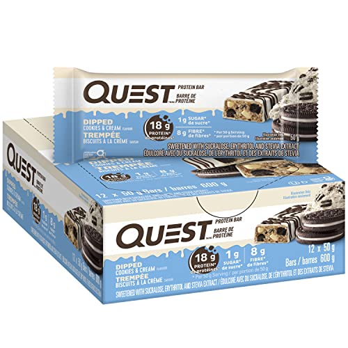 Quest Nutrition Dipped Bar Cookies & Cream, High Protein, High Fibre, Low Sugar, Low Carb, Keto Friendly, 18g Protein, 1g Sugar, 12ct - Snack Food Bar