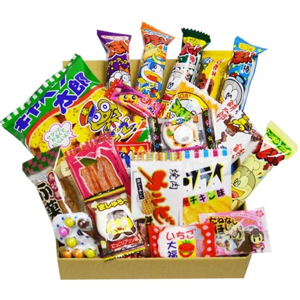 Japanese Candy Dagashi Box 20pcs Umaibo Snack Gummy potato Chip Kitty chocolate w/ AKIBAKING Sticker - 