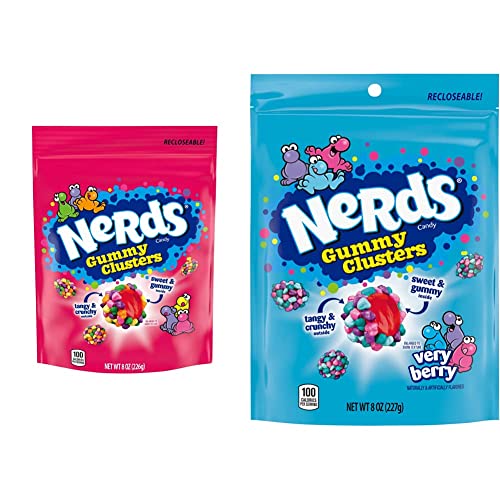 Bundle of Nerds Gummy Clusters Candy, Rainbow, Resealable 8 Ounce Bag + Nerds Gummy Clusters Candy, Very Berry. - Variety - 8 Ounce, Pack of 2