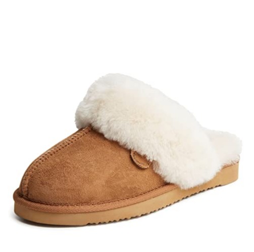 Dearfoams Women's Fireside Sydney Shearling Fur Indoor/Outdoor Scuff Slipper with Wide Widths - 7 Wide - Chestnut