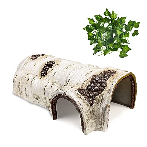 Reptile Hide Caves Simulación Tree Hideout Snake Hide Leopard Gecko Terrario Planta de plástico Hojas Adorno Hábitat Refugio Decoración para Lagarto Ermitaño Cangrejo Araña Rana Anfibios - L