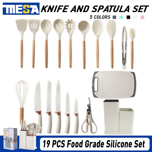 19PCS Silicone Kitchen Utensil Kitchen Knife Sets Non-stick Cooking Shovel Kitchen Tool Knife Holder | Shopee Philippines