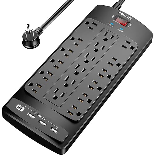 18 Outlets Surge Protector Power Strip - 6 Feet Flat Plug Heavy Duty Extension Cord with 18 Widely Outlets and 4 USB Ports, 2100 Joules, Black, ETL Listed - 6 Ft - Black