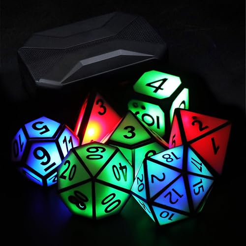 LED Dice Set of 7, DND Dice Rechargeable with Charging Box, Shake to Light Up Colorful Dice, ZHOORQI Dungeons & Dragons Dice USB Charging, Role Playing Dice for D&D Table Games (White-3 Color)
