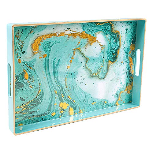 MAONAME Turquoise Serving Tray with Handles, Plastic Decorative Tray for Coffee Table, Marbling Rectangular Tray for Bathroom, Ottoman, Storage, 15.7" Lx 10.2" W X 1.57" H - Rectangular - Rectangular - Turquoise