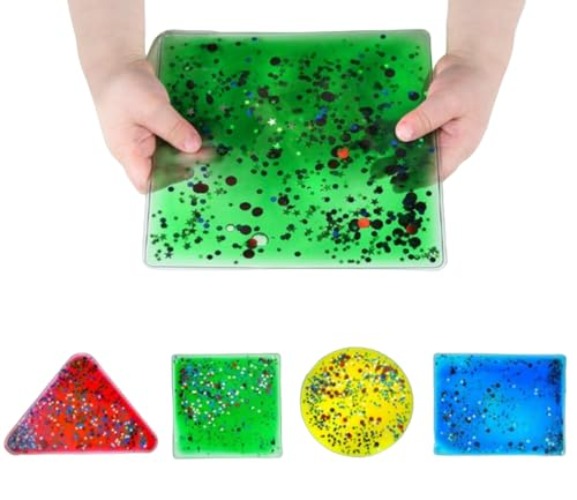 Playlearn Sensory Gel Pads with Glitter - Squishy Fidget Toy - 4 Pack Sensory Toy - Glitter Gel Shapes