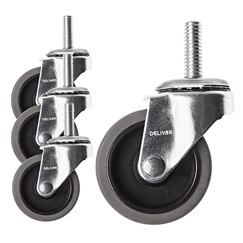 DELIVeR 2 Inch, Swivel Caster Wheels, Set of 4, 80 Lbs Per Caster, for Desk Chair, Office Chair, Stem Casters, Replacement Rubber Caster Wheels, Metal Threaded Stem 3/8”-16 x 1” Caster - 2 Inch Swivel