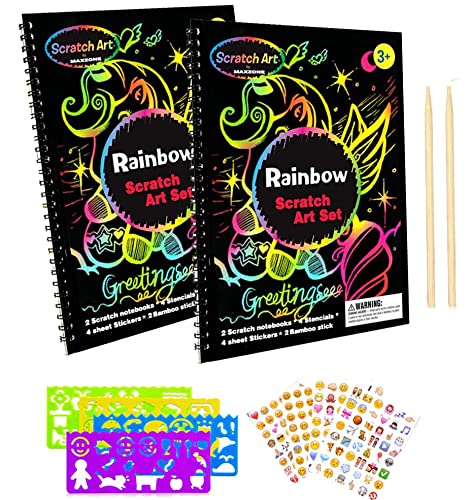 MAXZONE Scratch Paper Art Notebooks - Rainbow Scratch Off Art Kits for Kids Activity Color Book Pad Black Magic Art Craft Supplies Kits for Girls Boys Birthday Party Favor Game Christmas Toys Gift