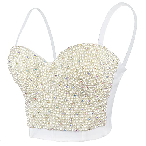 ELLACCI Sexy Pearls Beaded Rhinestone Bustier Crop Top Push up Corset Top with Detachable Straps - Medium - White