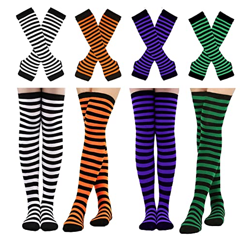 Barrlves 2/4 Sets Womens Striped Knee High Socks Long Knitted Arm Warmers Fingerless Gloves for Halloween Costume - 4sets Striped Black+orange+purple+green