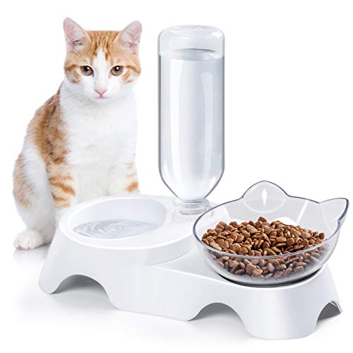 MILIFUN Double Dog Cat Bowls Pets Water and Food Bowl Set with Automatic Waterer Bottle for Small or Medium Size Dogs Cats (White) - White