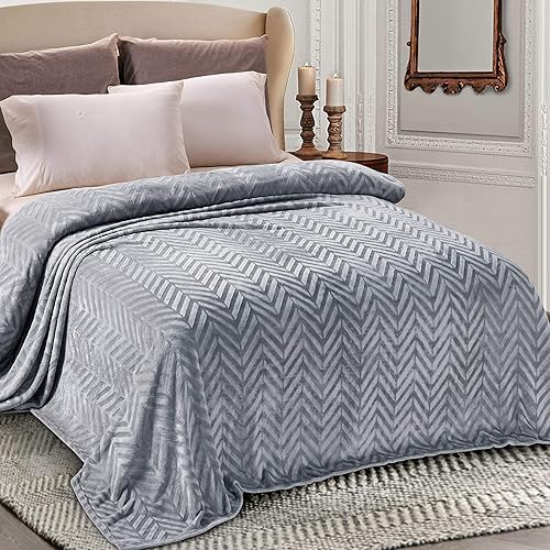 Whale Flotilla Flannel Fleece Queen Size Bed Blanket, Soft Velvet Lightweight Bedspread Plush Fluffy Coverlet Chevron Design Decorative Blanket for All Season, 90x90 Inch, Silver Grey - Silver Grey - Queen(90x90 Inch)