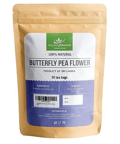 Ceylon Butterfly Pea Flower Tea Bags Pack of 30, Powerful Antioxidants Rich Healthy Herbal Butterfly Pea Tea for Drinks, Food Coloring, Organic Dried Butterfly Pea Flowers Sourced from Sri Lanka - Butterfly Pea Flower
