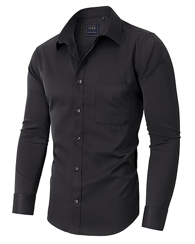 Alimens & Gentle Men's Dress Shirts Long Sleeve Stretch Wrinkle-Free Formal Solid Button Down Shirt with Pocket - Solid-black - Medium