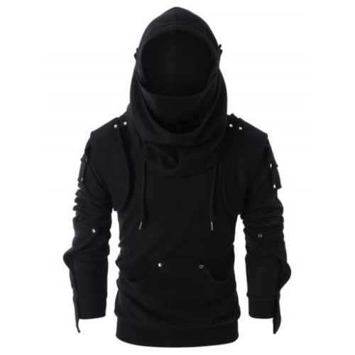Men's Cyberpunk Hoodie with Mask Gothic Steampunk Shirts Hooded Pullover Assassin Costume Hoodies Tactical Sweatshirt - Large Black