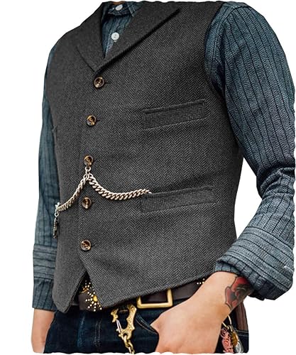 Ceehuteey Mens Suit Vest Waistcoat Tweed Retro V Neck Wool Herringbone for Prom - Medium - Grey