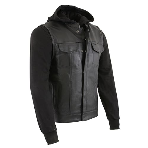 Milwaukee Leather LKM3714 Men's Black Club Style '2 in 1' Zipper Vest with Full Sleeve Hoodie and Quick Draw Pocket - Large - Black