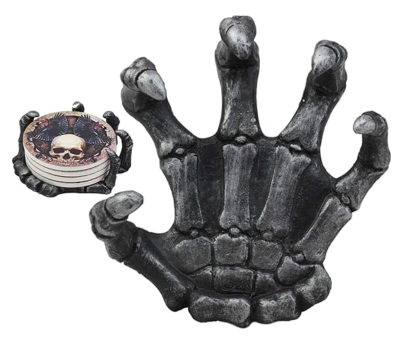 Ebros Gothic Alchemy Clutch of The Dead Skeleton Hand Resin Coaster Figurine Holder with 4 Skull Raven Tile Coasters Set Furniture Protector Home Decor Statue