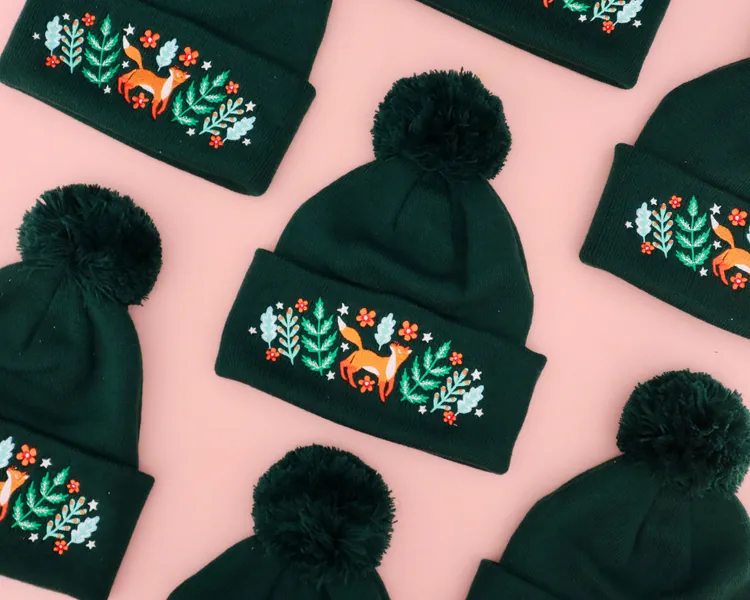 Fox Beanie, Woodland Wonder Embroidered Beanie // Bottle Green Wooly Winter Hat